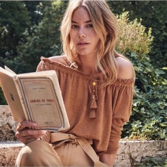 Sézane Pull Dolores Linen Blouse Brown XS Off Shoulder Boho Peasant Romantic - Picture 2 of 10